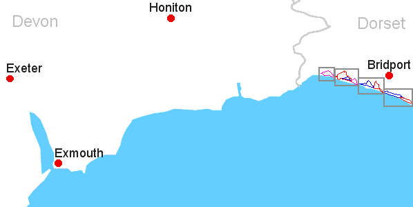 Map of walks between Exeter and Bridport.